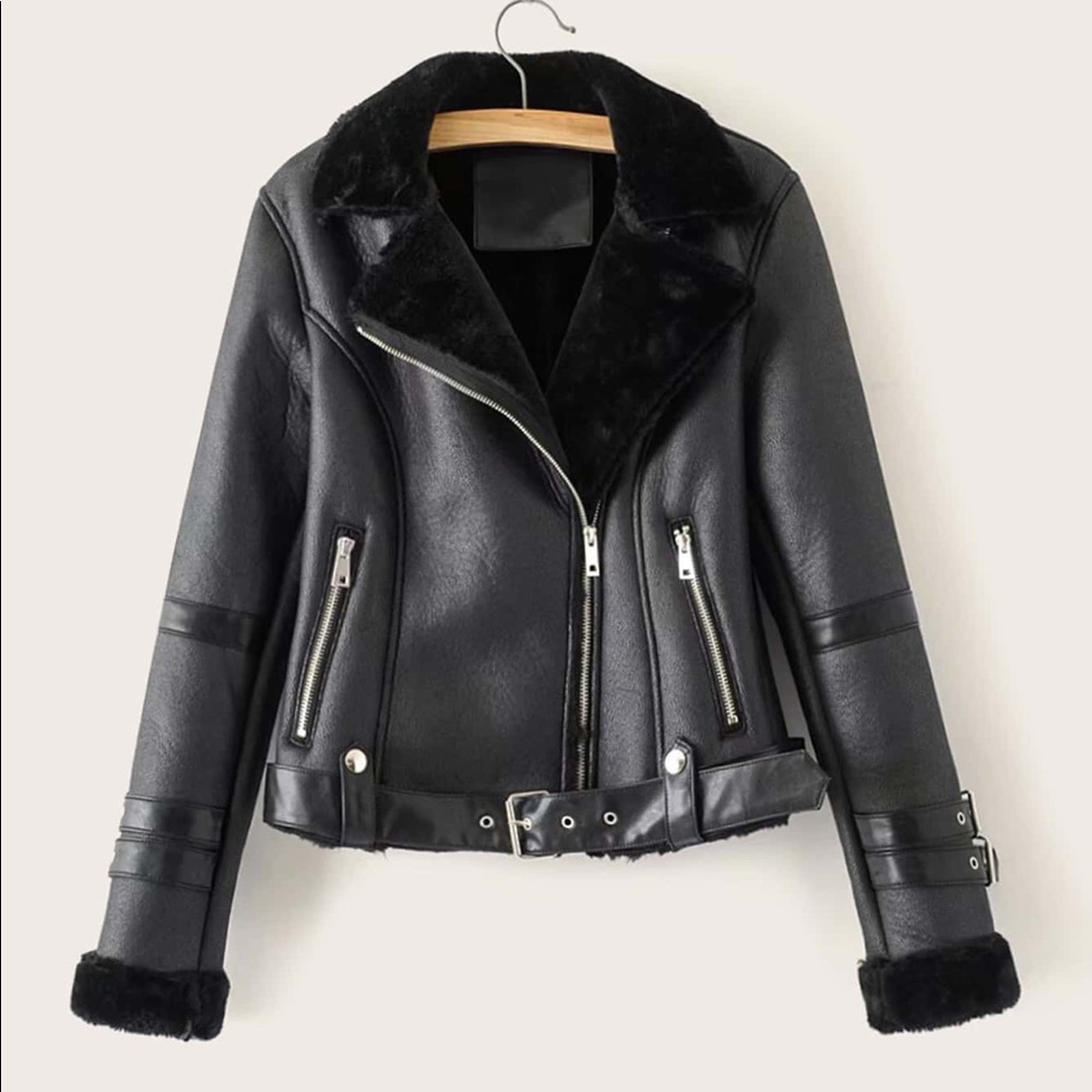 Faux leather faux fur lined biker jacket